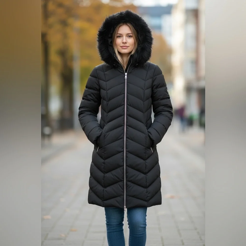 Tahari Black Down Puffer Coat with Removable Faux Fur Hood | Size M | Like New - Picture 10 of 16